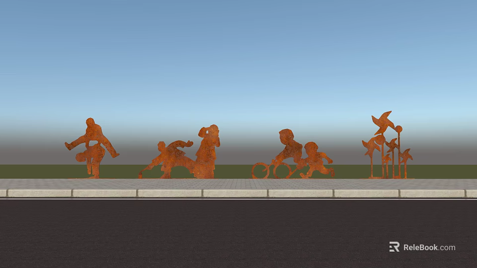 Rusty Red Metal Garden Sculptures With Sports Human Figures Along Sidewalk Blue Sky Grass Background 3d model 