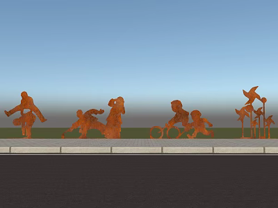 Rusty Red Metal Garden Sculptures With Sports Human Figures Along Sidewalk Blue Sky Grass Background 3d model