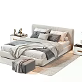 Modern Double Bed Interior Design With Side Tables Footstool Rug Pillows Lamps And Plants