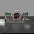 Exhibition Reception Desk Featuring Circular Logo Black Bottle Design Green Screens And Light Tables Chairs