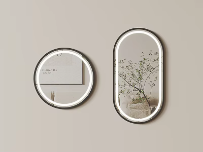 Round and Oval Illuminated Wall Mirrors with LED Frames Decorative Card and Plant Reflection 3d model