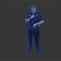 A Man In Police Uniform Standing Against Gray Background Adjusting Waist Gear With Badge