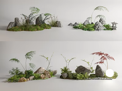 Lush Plant Arrangement With Mixed Ferns Stones Mini Pavilion And Soft Lighting 3d model