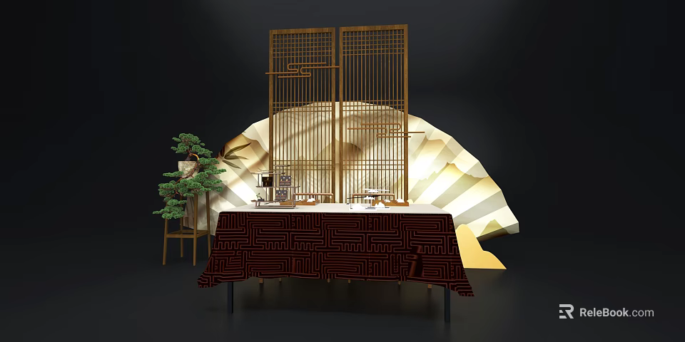 Traditional Chinese Decor With Lattice Screen Pine Tree And Fan Shaped Background 3d model 