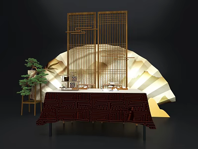 Traditional Chinese Decor With Lattice Screen Pine Tree And Fan Shaped Background 3d model