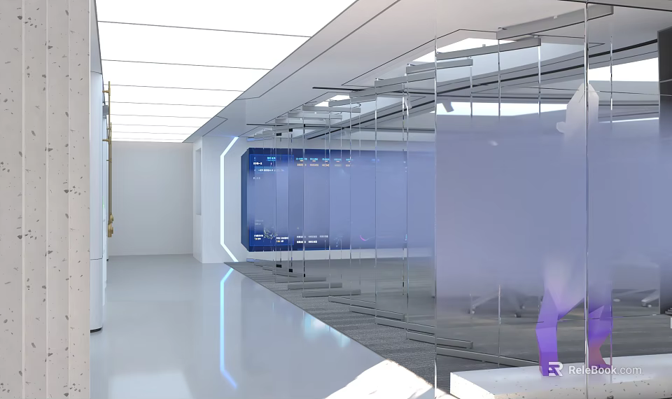 Modern Elevator Hallway Interior With Glass Partitions Blue Digital Screens And Recessed Lighting 3d model 