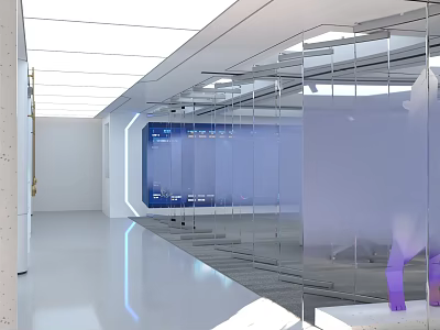 Modern Elevator Hallway Interior With Glass Partitions Blue Digital Screens And Recessed Lighting 3d model