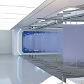 Modern Elevator Hallway Interior With Glass Partitions Blue Digital Screens And Recessed Lighting