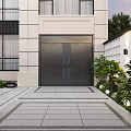 Modern Courtyard Garden Design With Wooden Deck Tables Chairs Green Trees Shrubs And Lanterns