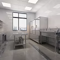 Professional Commercial Kitchen Interior With Stainless Steel Worktables Storage Cabinets Windows And Floor Drains