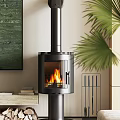Modern Metal Fireplace with Burning Fire and Green Plant in Cozy Living Room