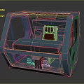 Blue Enclosed Equipment Cabin With Red Seats And Transparent Side Windows