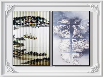 Double Panel Traditional Landscape And Abstract Grid Decorative Wall Art In White Frame 3d model