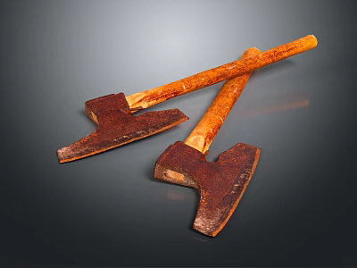 Two Vintage Rusted Axes With Wooden Handles Crossed On Dark Surface 3d model