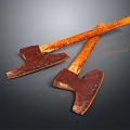 Two Vintage Rusted Axes With Wooden Handles Crossed On Dark Surface