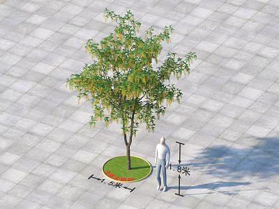 Tall Arbor With Green Leaves Trunk On Circular Lawn Gray Square Brick Ground Near Person 3d model