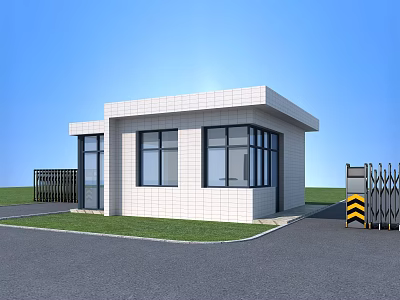 Small White Brick Building With Large Windows Black Fence And Striped Gate On Green Lawn 3d model