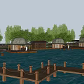 Waterfront Dome Shaped Bungalow Buildings With Wooden Piers And Green Trees