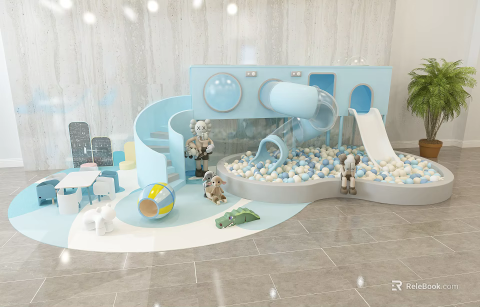 Blue Indoor Children's Play Equipment with Slide Ball Pit and Small Toys 3d model 