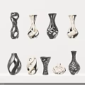 Stylish Decorative Vases With Various Intricate Patterns On White Shelves 3d model