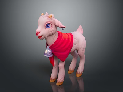 Cute Pink Goat With Red Scarf And Bell Around Neck Standing On Dark Surface 3d model