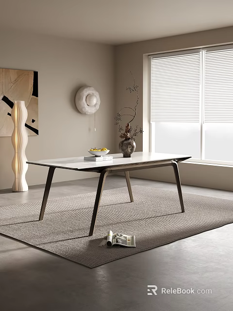 Modern Dining Table With Marble Surface And Decorative Vase On Area Rug Near Window 3d model 