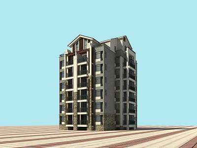 Multi Storey Modern Residential Building With Balconies Stone Cladding And Red Tiled Square 3d model