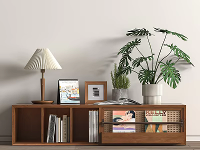 Wooden Bookcase with Books and Magazines Table Lamp Calendar Photo Frame Plant and Monstera Plant 3d model