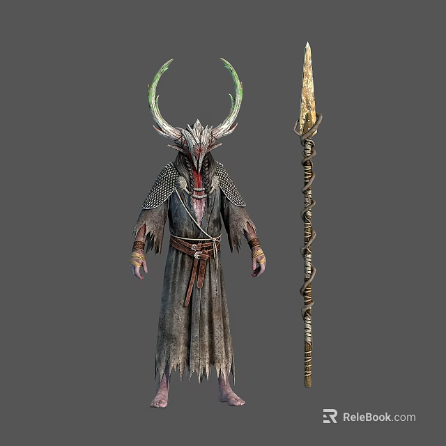 Fantasy Horned Character In Tattered Robe With Creature Carved Staff And Ornate Details 3d model 