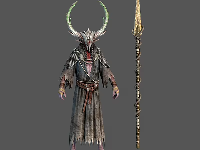 Fantasy Horned Character In Tattered Robe With Creature Carved Staff And Ornate Details 3d model