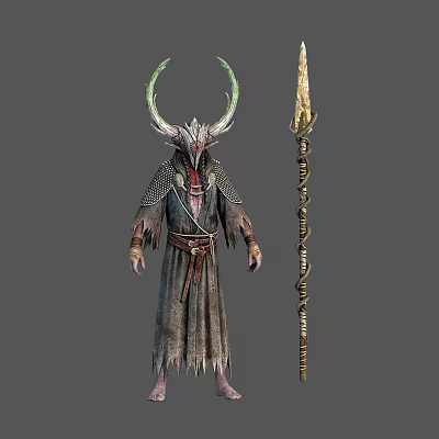 Fantasy Horned Character In Tattered Robe With Creature Carved Staff And Ornate Details 3d model