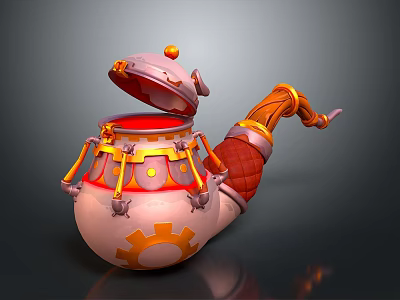 Mechanical Style Decorative Ornament Set Featuring Pink Body Gear Pattern Open Lid And Curved Handle 3d model