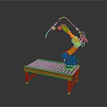Game and Movie Character Yellow Robotic Arm on Platform with Metal Railings