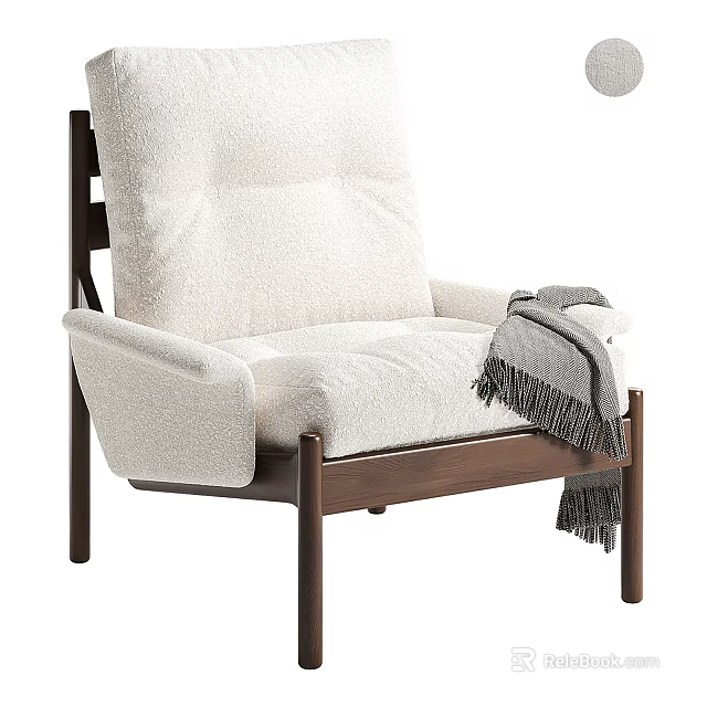 Plush White Fabric Accent Chair with Wooden Frame and Gray Fringed Throw in Modern Design 3d model 