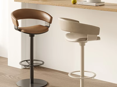 Modern Brown And Beige Leather Bar Stools With Swivel Base By Wooden Counter 3d model