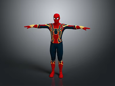 Spider Man Character In Red And Blue Suit With Gold Accents Arms Outstretched On Gray Background 3d model