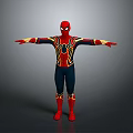 Spider Man Character In Red And Blue Suit With Gold Accents Arms Outstretched On Gray Background