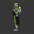 3D Model Of Futuristic Sci Fi Character With White And Green Armor Helmet And Cloak