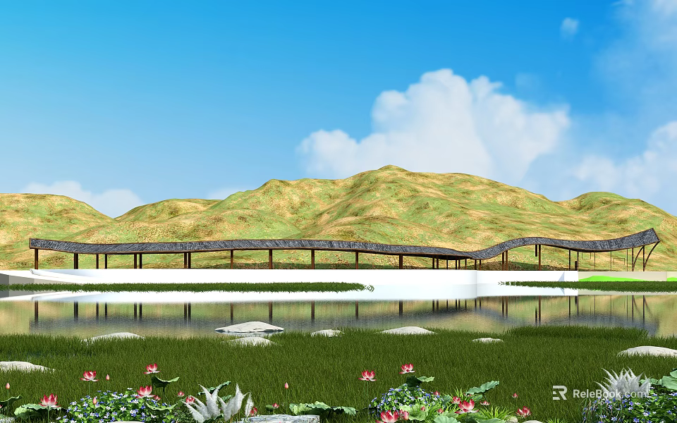 Garden Landscape With Rolling Green Hills Winding Wooden Bridge And Pink Lotus Flowers By Water 3d model 