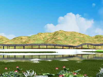 Garden Landscape With Rolling Green Hills Winding Wooden Bridge And Pink Lotus Flowers By Water 3d model