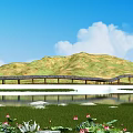 Garden Landscape With Rolling Green Hills Winding Wooden Bridge And Pink Lotus Flowers By Water