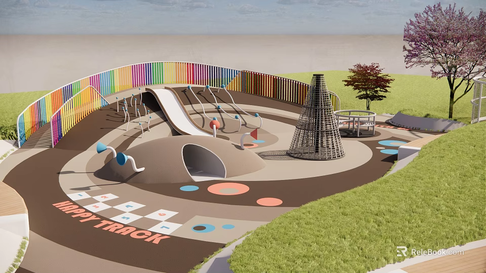 Vibrant Children's Playground Park Landscape With Slide Climbing Structure Colorful Fence And Circular Play Area 3d model 