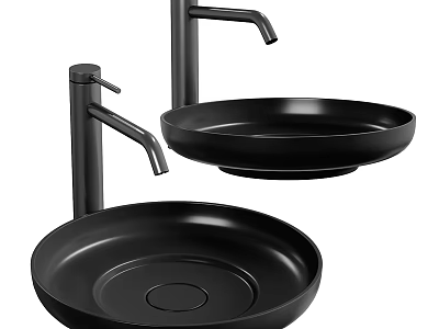 Sleek Black Round Washbasin With Modern Faucet And Smooth Ceramic Surface 3d model