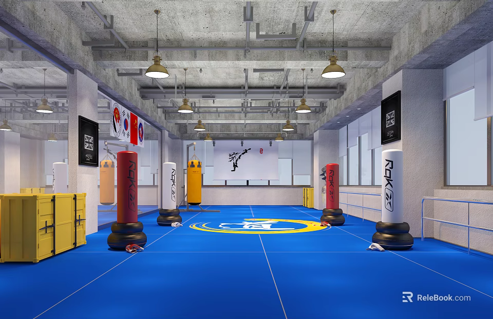 Taekwondo Training Gym Featuring Blue Mat Floor Colorful Punching Bags And Martial Arts Logo 3d model 