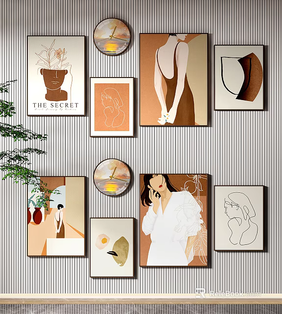 Interior Decorative Paintings In Various Styles With Figures Still Life Abstract Patterns On Striped Wall 3d model