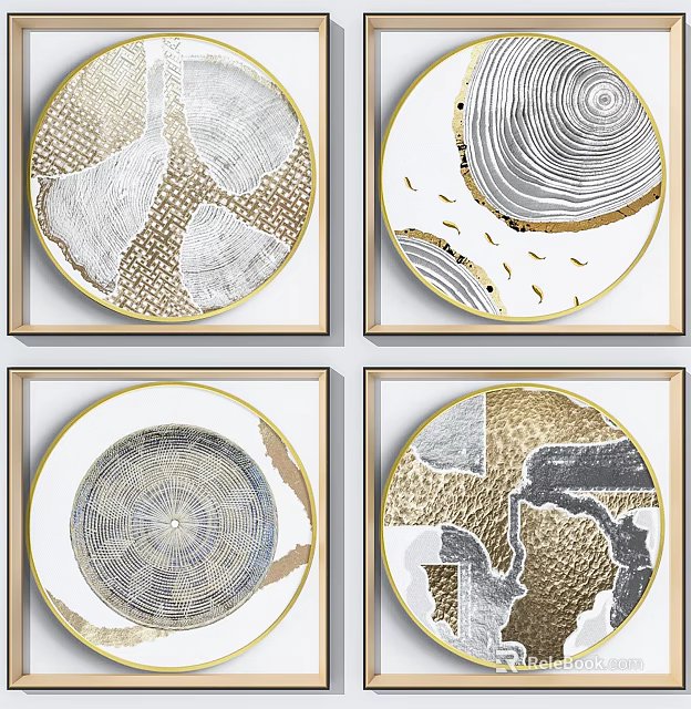 Modern Abstract Circular Wall Art With Golden Frame Wood Grain And Neutral Tones 3d model 