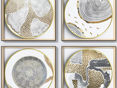 Modern Abstract Circular Wall Art With Golden Frame Wood Grain And Neutral Tones 3d model