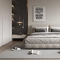 Modern Bedroom Interior Design With Large Bed Gray Pillows Wall Art And Striped Rug