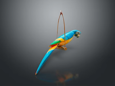 Colorful Parrot Perched On Wooden Swing With Vibrant Feathers Against Gray Background 3d model