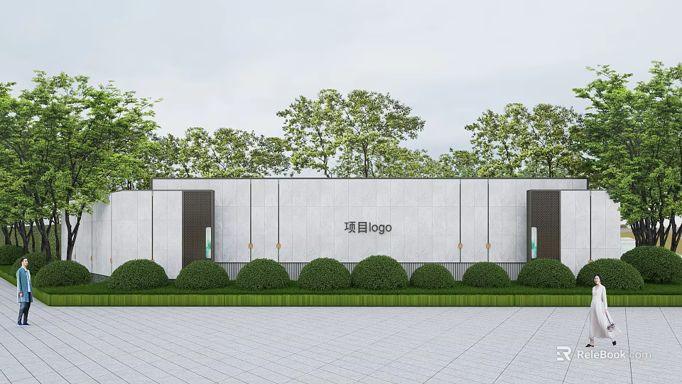 Modern Outdoor Landscape Wall With Project Logo Green Trees Trimmed Shrubs And Paved Plaza 3d model 